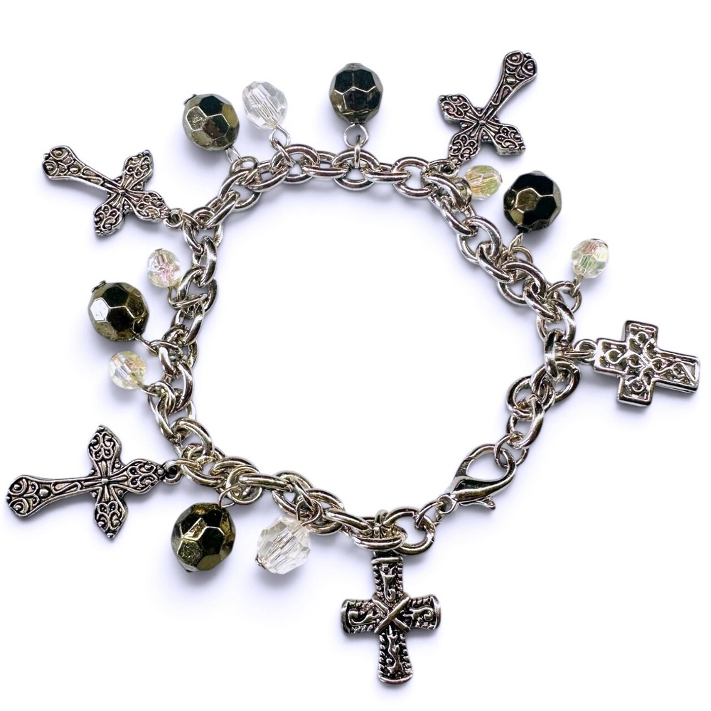 Brighton Eternity Cross Charm Bracelet Vintage Silver Two Tone Retired Link